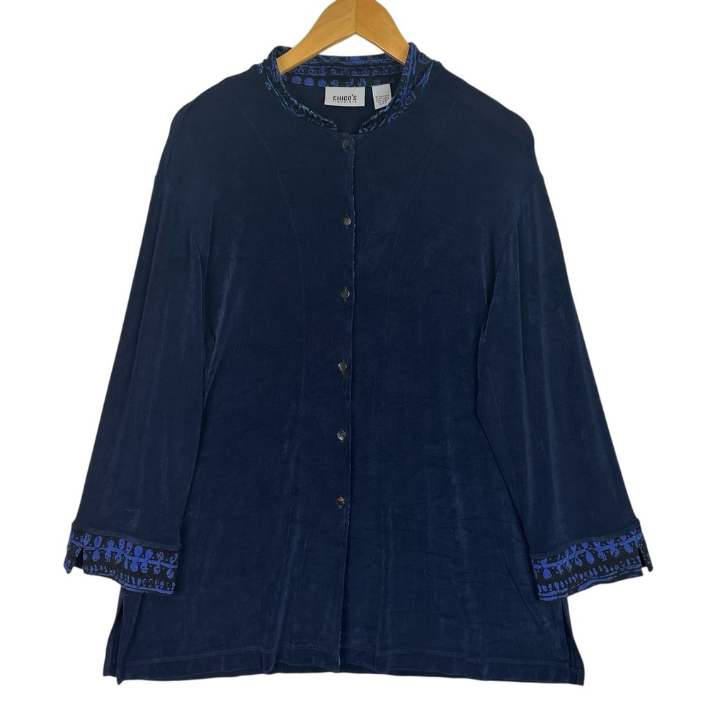 Chicos Travelers Slinky Top Size 3 XL Blue Button Front Boho Artsy Cardigan
